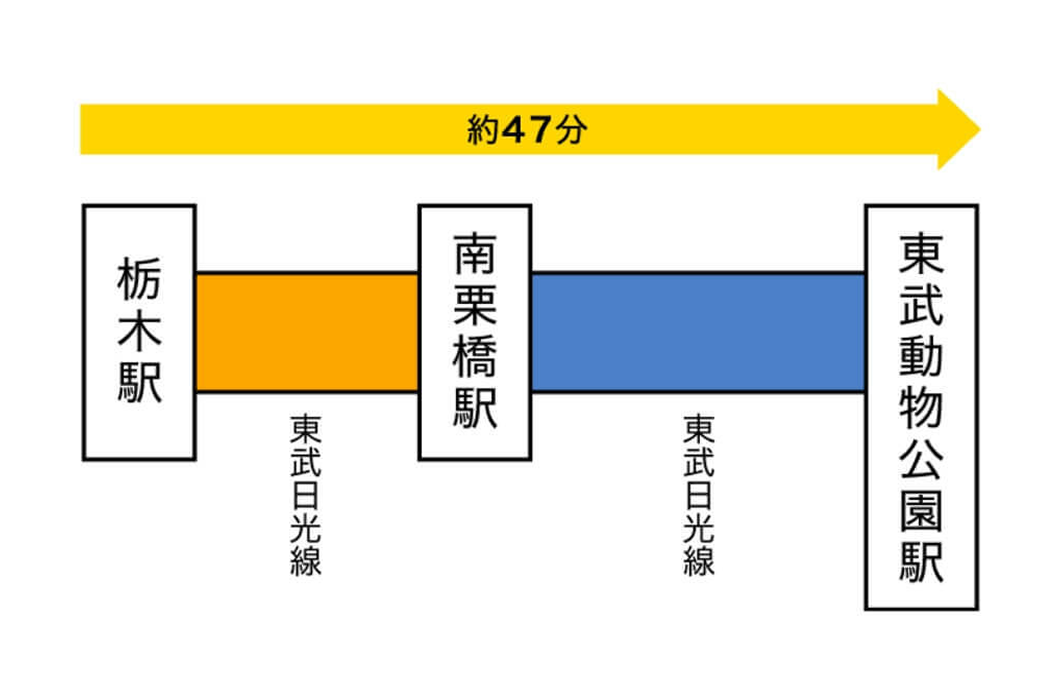 電車行程の図:栃木駅から東武日光線にて南栗橋駅経由で東武動物公園駅へ約47分