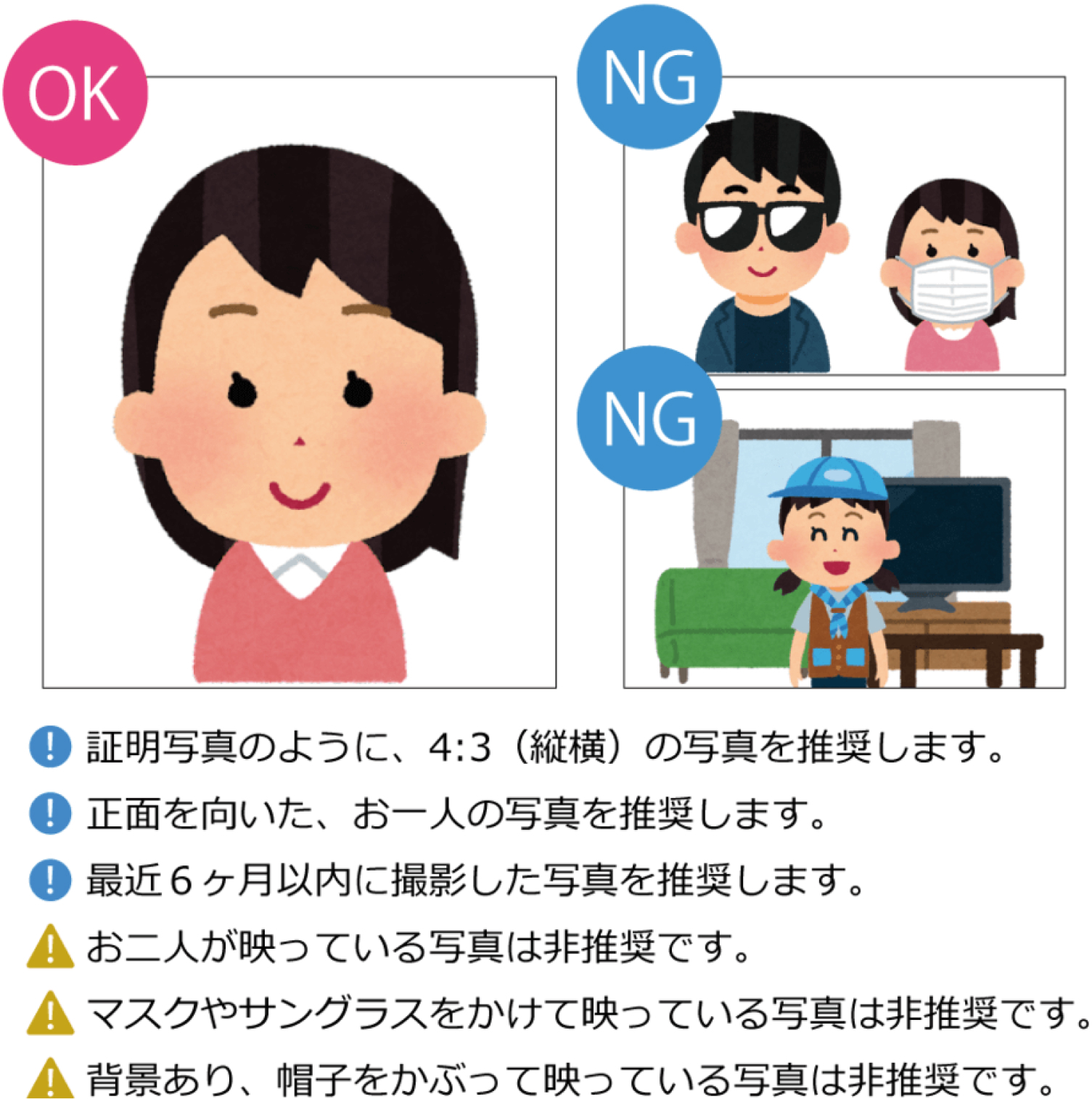 顔写真撮影の注意事項(縦横4:3を推奨。正面を向いたお一人の写真。最近6ヶ月以内に撮影したもの。マスクやサングラスは非推奨。背景ありや帽子をかぶるのも非推奨。)